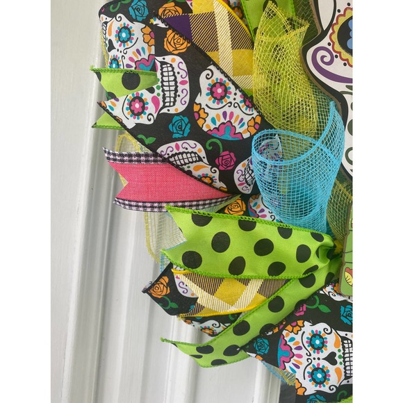 Day of the Dead Sugar Skull Los Dias De Los Muertes Halloween Wreath Sign Decor - Picture 5 of 9